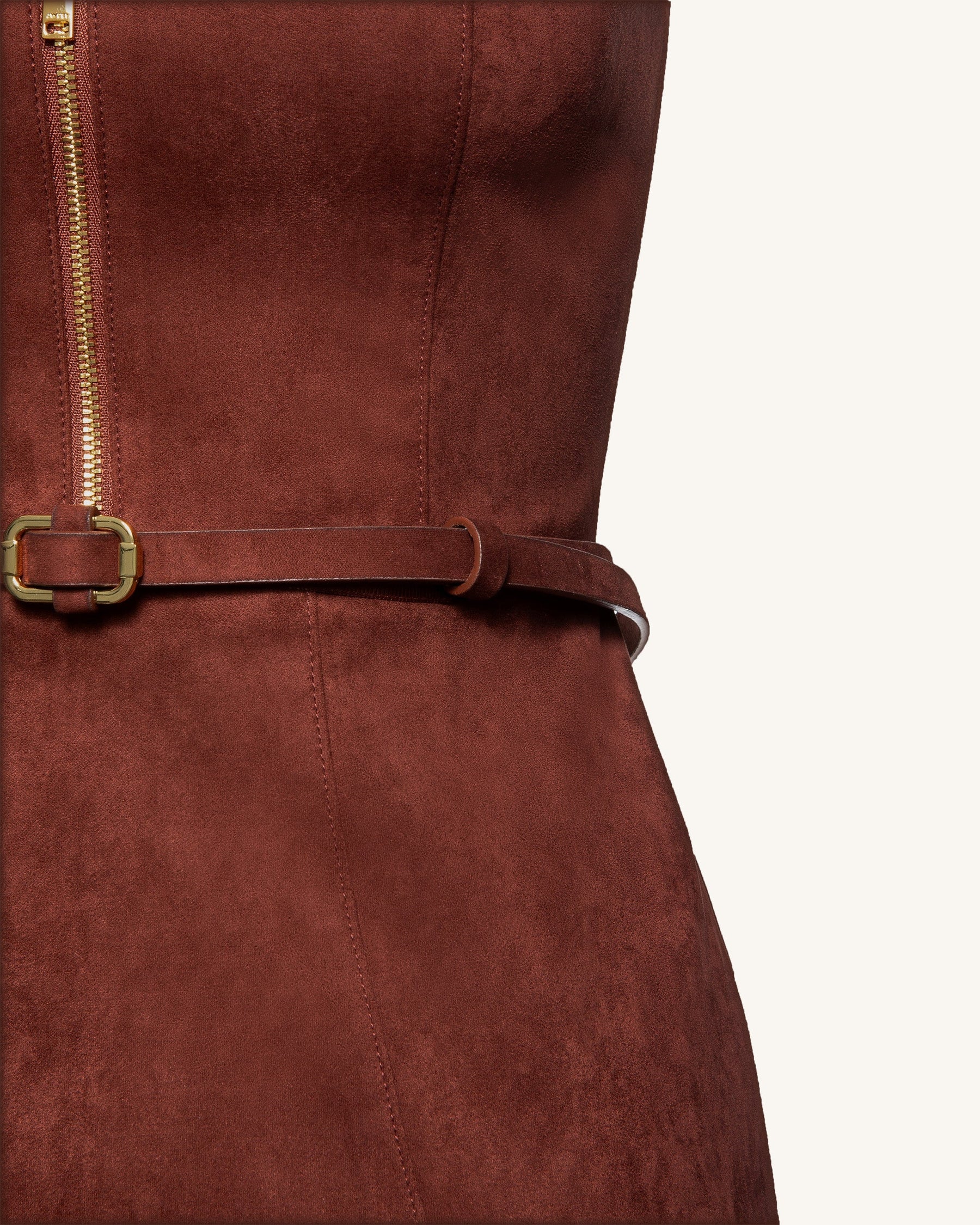 Faux Suede Halter Neck Zip-Front Mini Dress - Burgundy