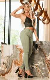 Calça Jeans Skinny Verde Cintura Alta Barra Reta