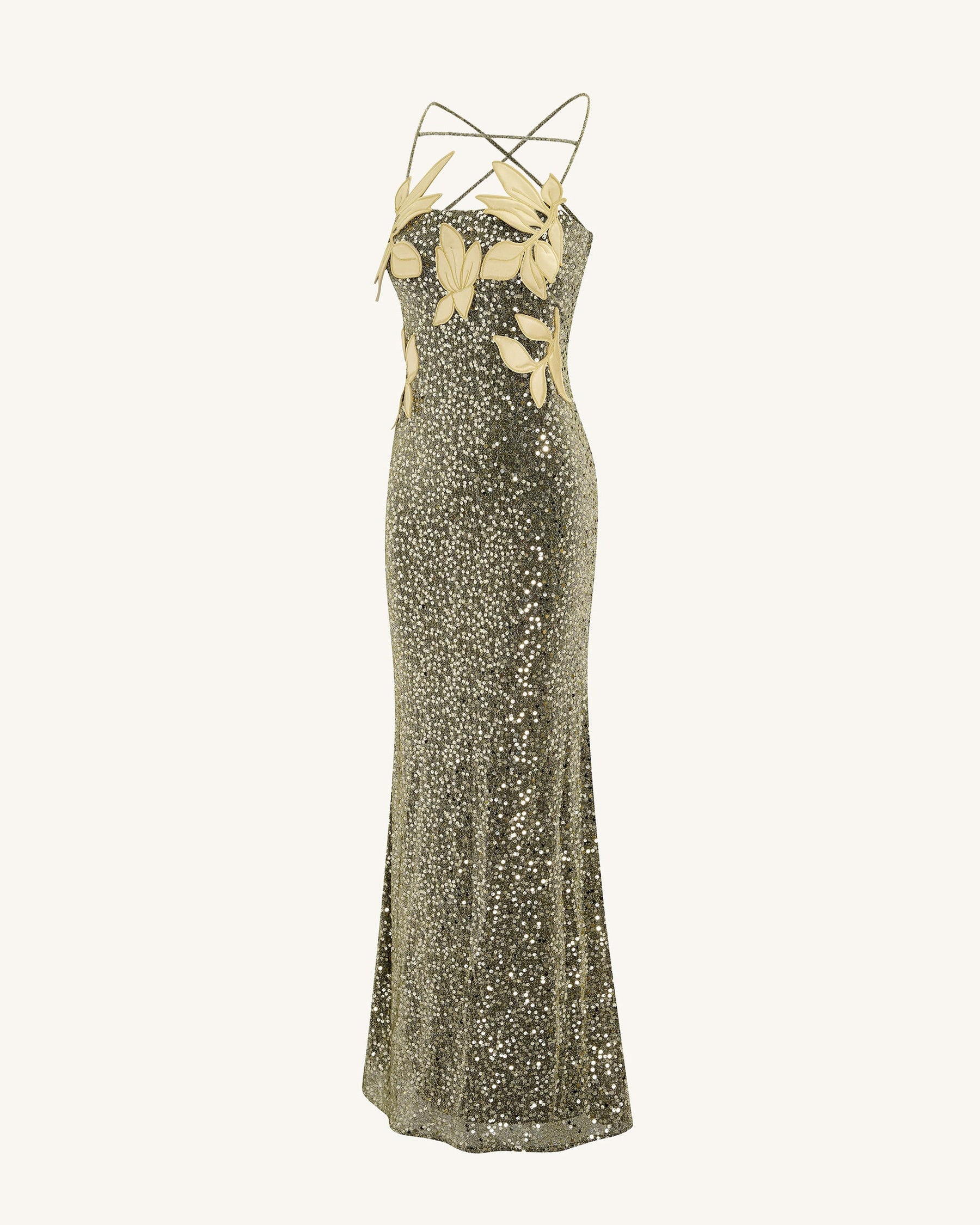 Araminta Sequined Gown with Floral Details - Gold