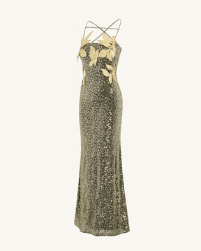 Araminta Sequined Gown with Floral Details - Gold