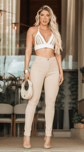 Calça Jeans Skinny Bege Cintura Alta Barra Reta