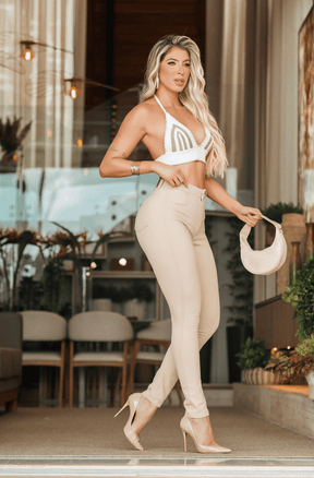 Calça Jeans Skinny Bege Cintura Alta Barra Reta