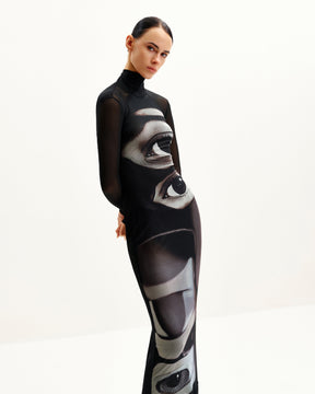 Sophia Eye Print Mesh Dress - Black/White