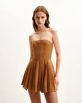 Ellie Pleated Velvet Dress - Caramel