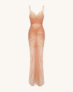 Piper Draped Mesh Evening Gown - Cinnamon