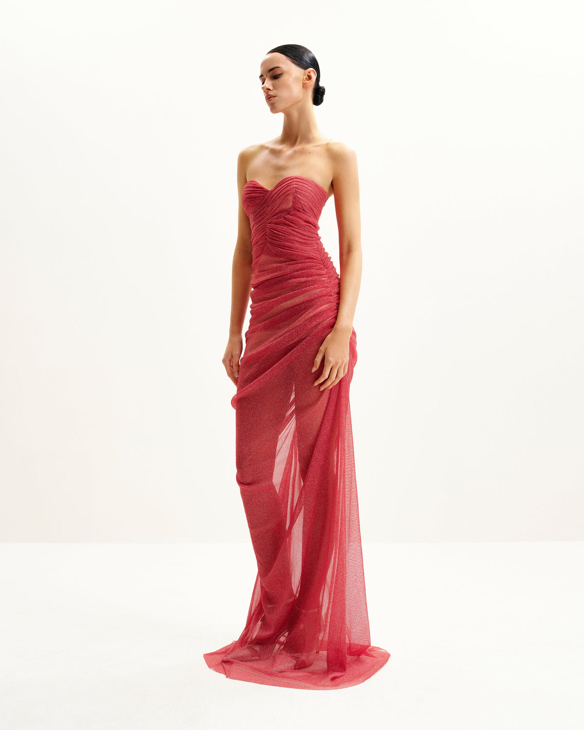 Mia Strapless Sheer Glitter Gown - Scarlet