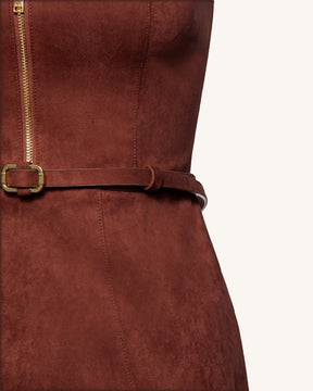 Faux Suede Halter Neck Zip-Front Mini Dress - Burgundy
