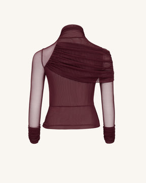 Ella Sheer Ruched Turtleneck Top - Burgundy