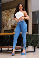Calça Jeans Skinny Cintura Alta Barra Detalhes